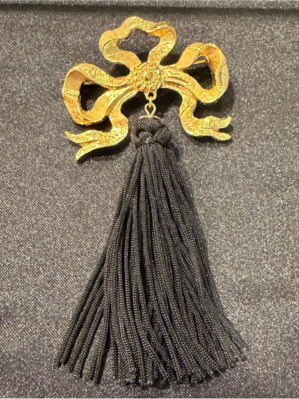 Gold Ribbon Bow Tassel Brooch with Black Tassel
